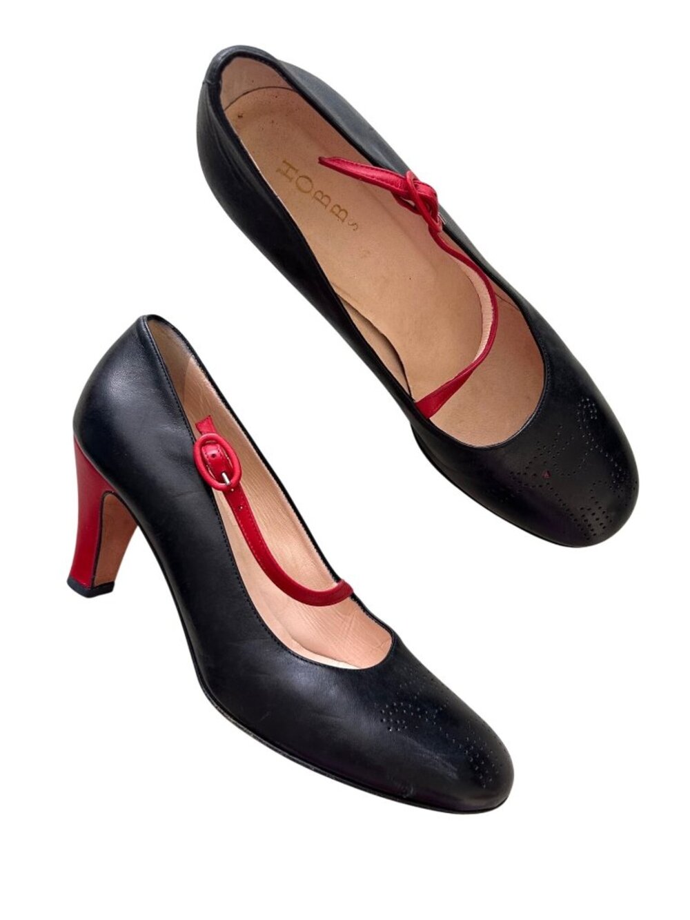 Hobbs Womens Sz 38.5 Black & Red Leather Heels Mary Jane Strap /Cat Print Design